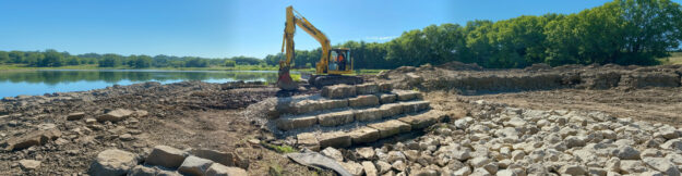 Boulder cascade and flagstone transition in a restored wetland