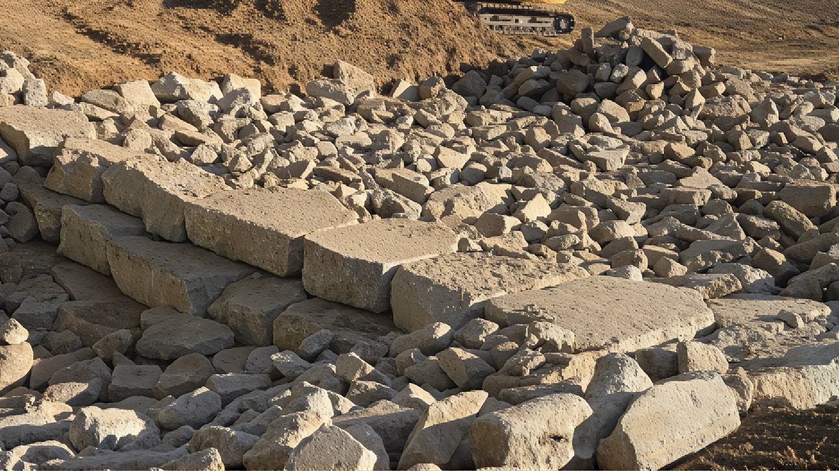 Onsite concrete rubble processed for reuse as channel protection